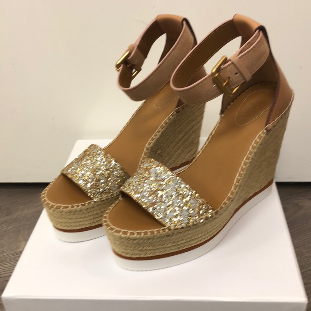 See By Chloe Gold and Tan Wedges
